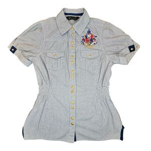 COOGI Sz M Short Sleeve Nautical Stripe Blouse Snap Front Fitted Stretch Logo